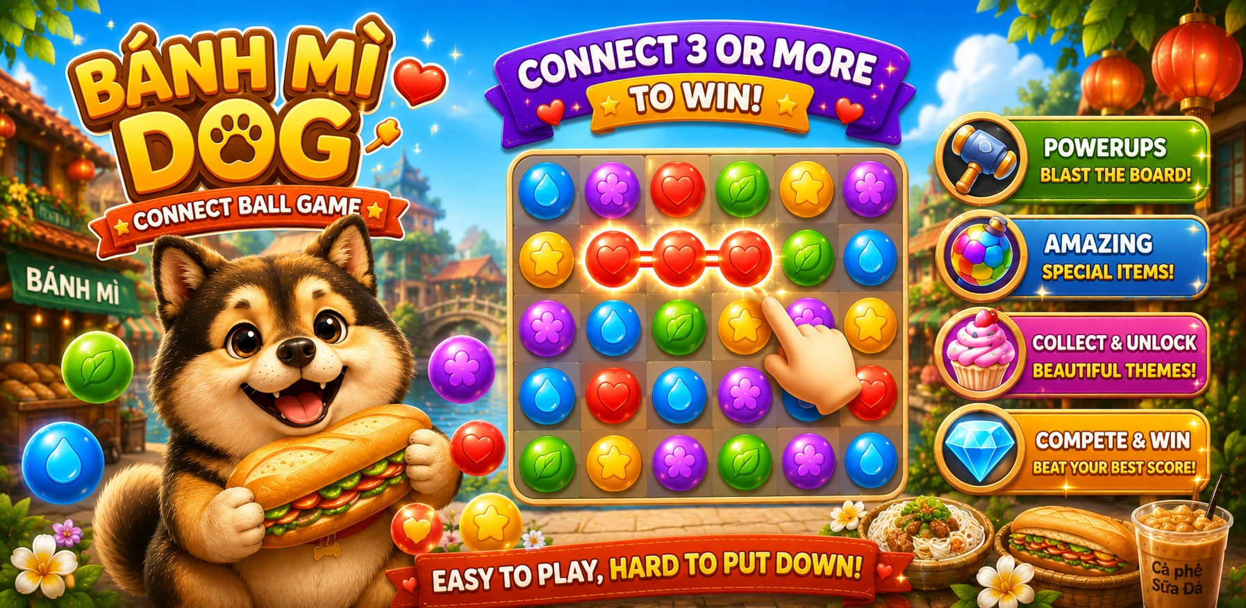 Banh Mi Dog — connect 3 or more to win, with powerups, special items and collectible themes
