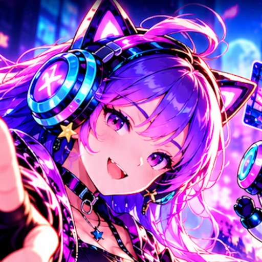 Beat Fusion app icon — a purple-haired DJ girl in cat-ear headphones against a neon city
