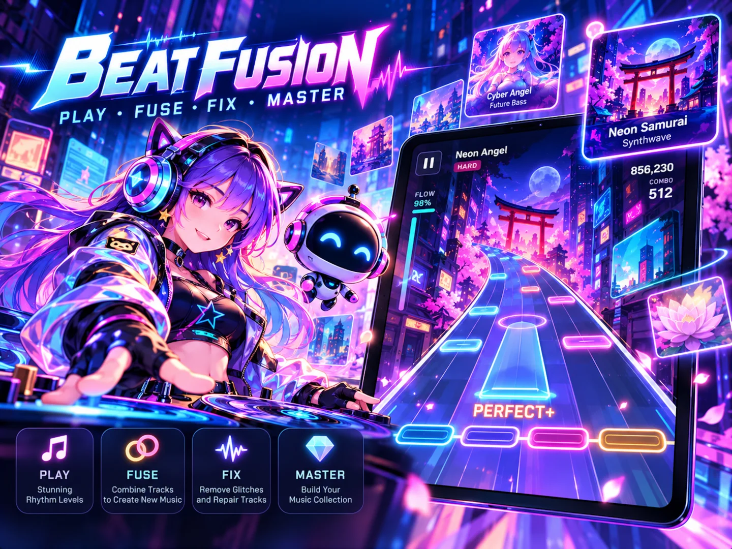 Beat Fusion on iPad — a DJ girl and her robot beside a neon rhythm lane