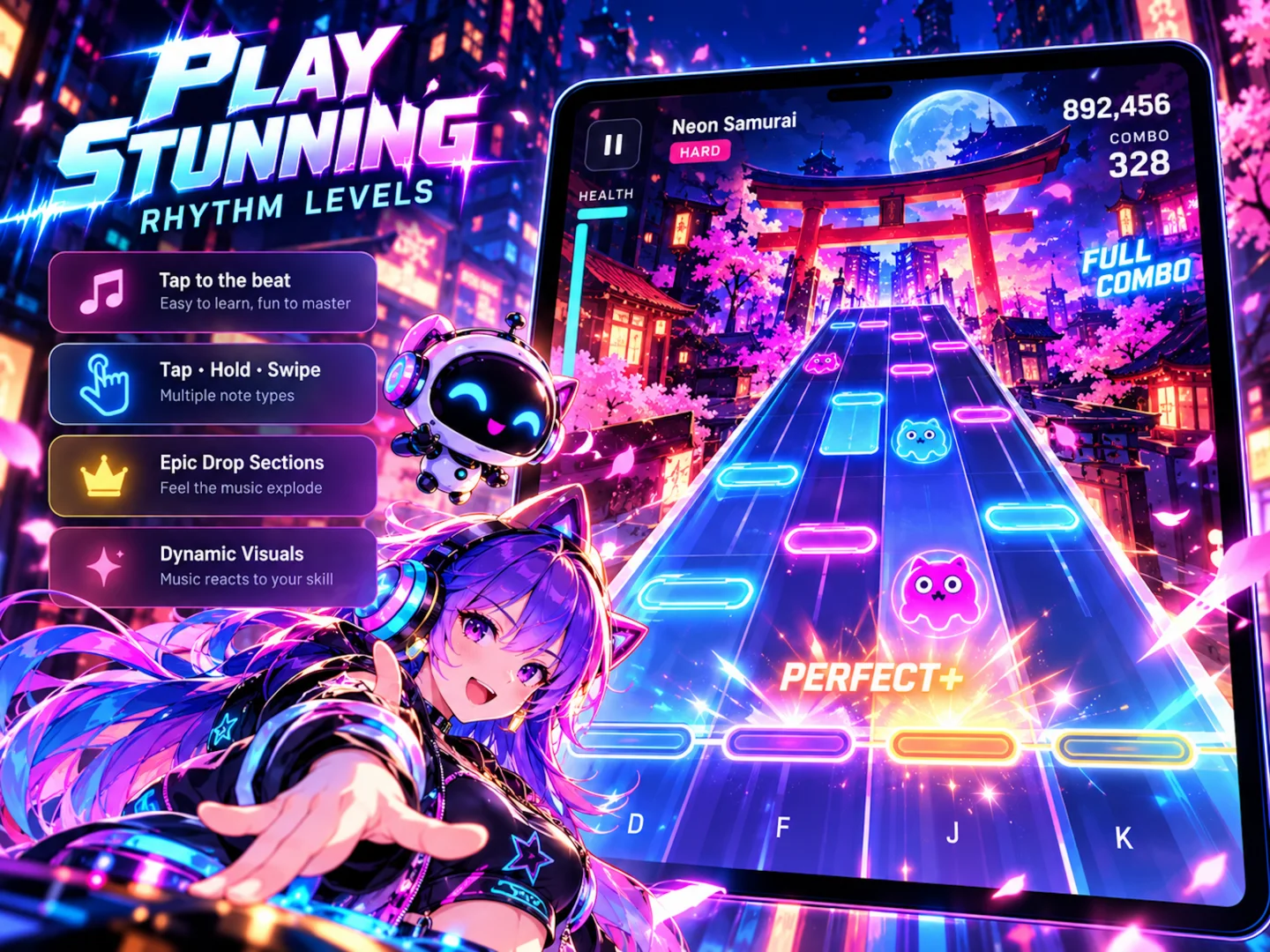 Beat Fusion on iPad — a full-combo run through the sakura gate of Neon Samurai