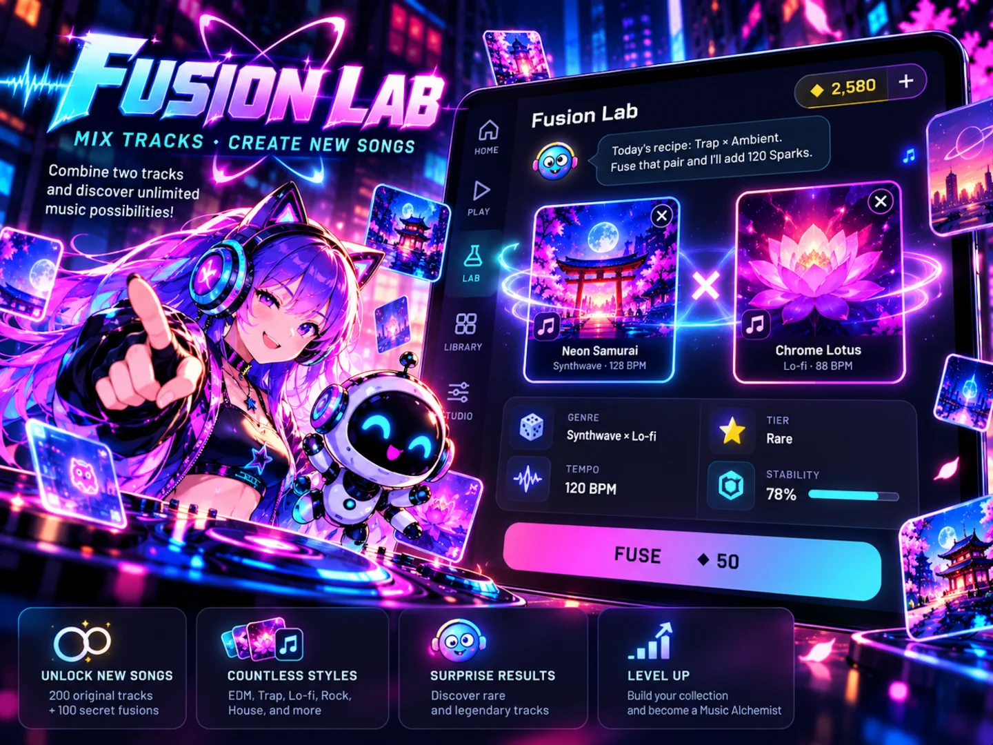 Beat Fusion on iPad — the Fusion Lab mixing Neon Samurai with Chrome Lotus