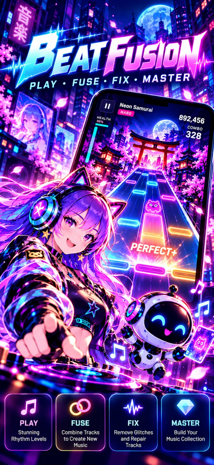Beat Fusion — Play · Fuse · Fix · Master: a PERFECT+ hit on the Neon Samurai track