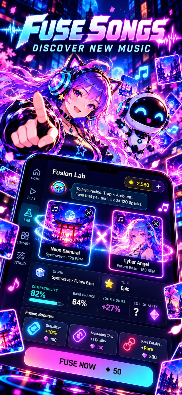 Beat Fusion — Fuse songs: combine Neon Samurai and Cyber Angel in the Fusion Lab