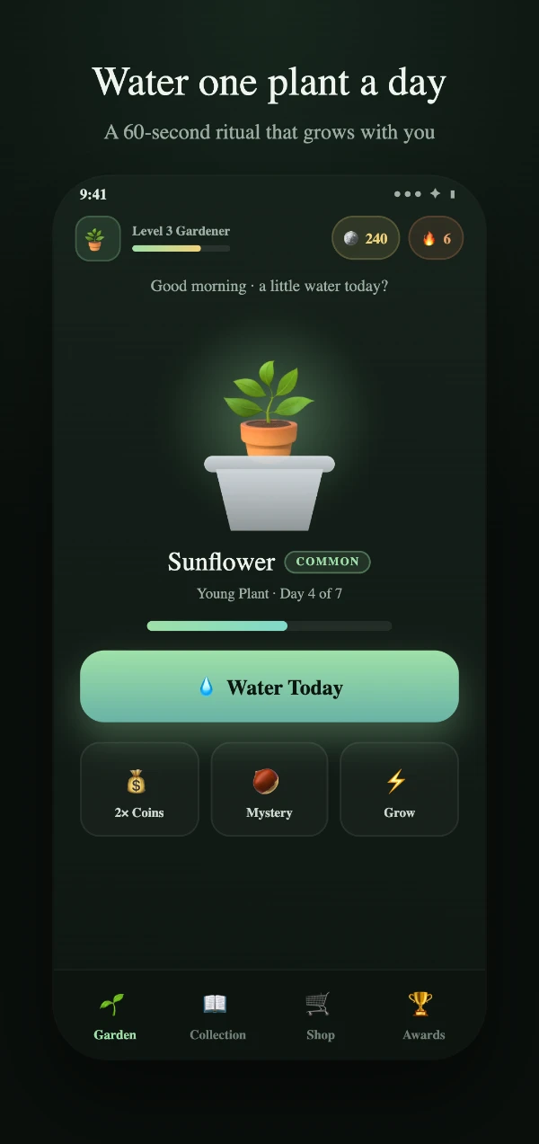 Bloom365 — water your plant in a calm 60-second daily ritual