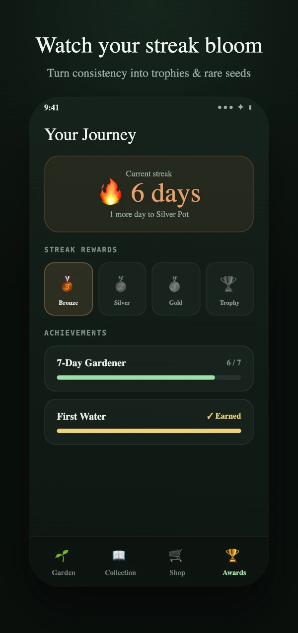 Bloom365 — watch your streak bloom into trophies and rare seeds