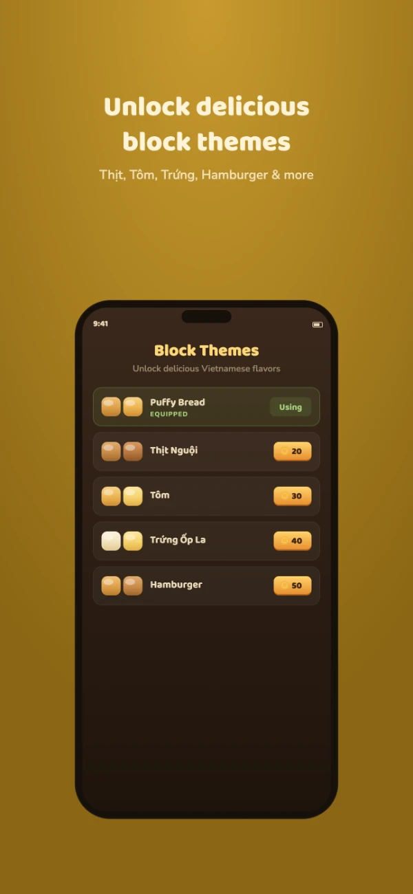 Bánh Mì Puzzle themes — unlock delicious food-themed block skins with coins