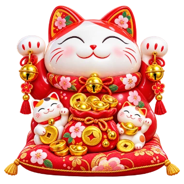 Haru — red and white lucky cat with a gold ingot