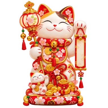 Kagura — ceremonial lucky cat with lantern and scroll