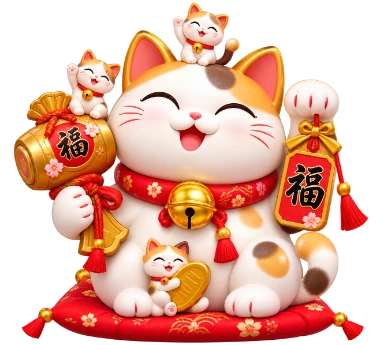 Shiro — white and calico lucky cat with a mallet