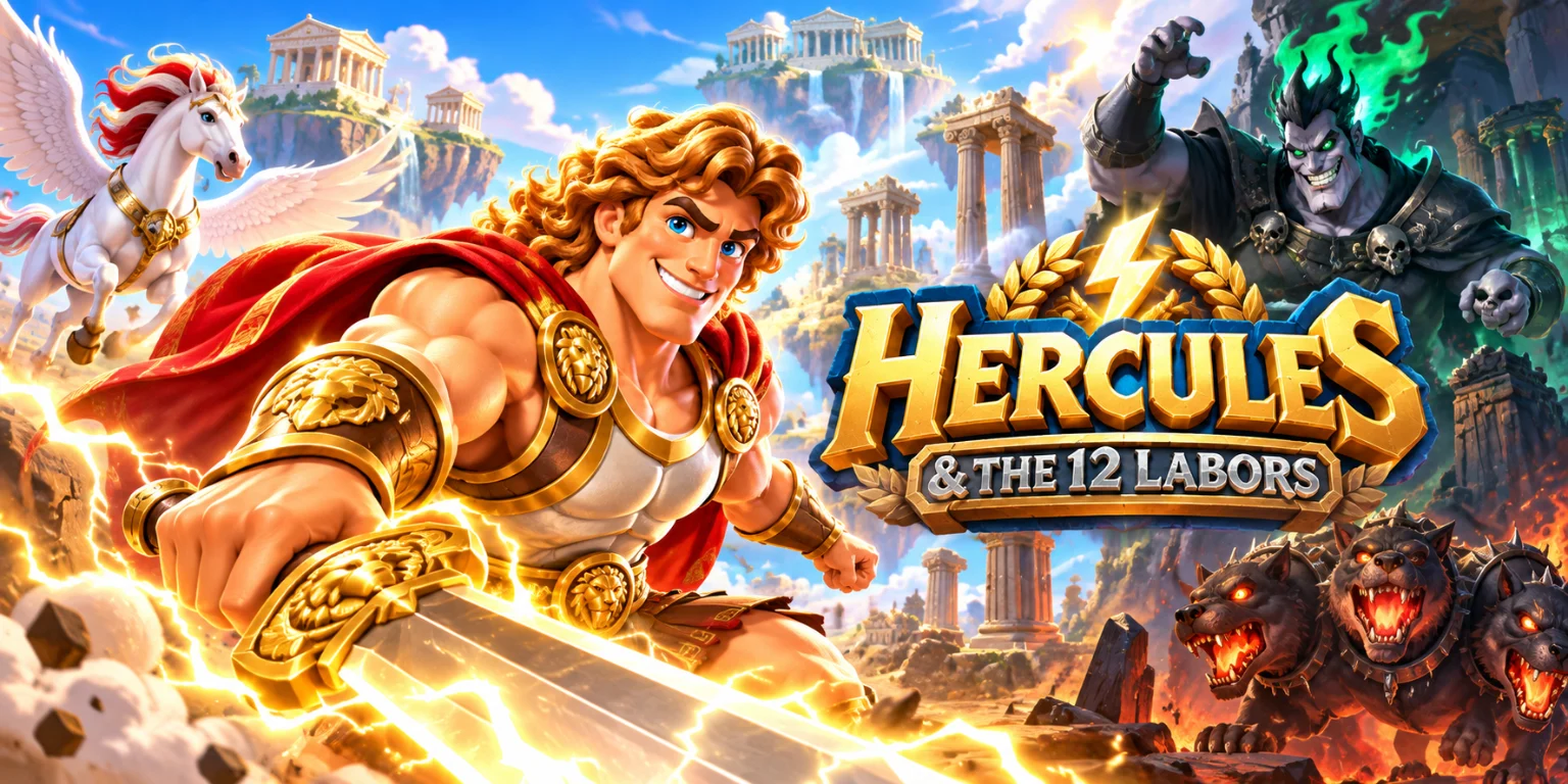 Hercules & The 12 Labors — Hercules charging with a lightning sword, Pegasus behind him and Hades with Cerberus on the right