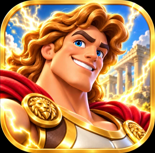 Hercules: Twelve Labors app icon — a smiling Hercules with lightning and a Greek temple