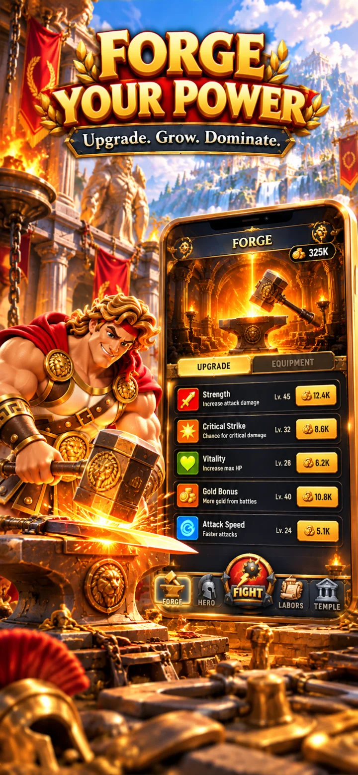 Hercules: Twelve Labors — Forge your power — upgrade Strength, Critical Strike, Vitality, Gold Bonus and Attack Speed