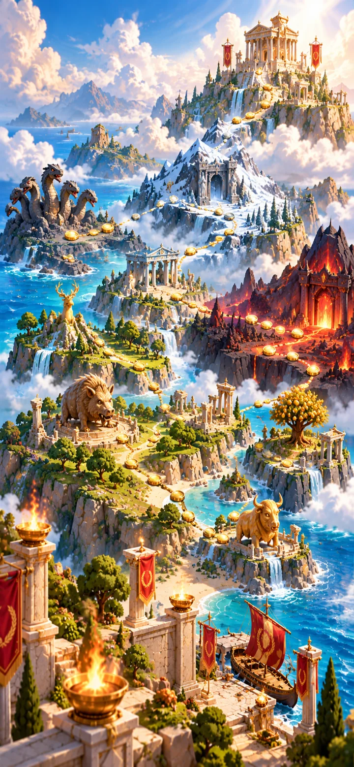 Hercules: Twelve Labors — The world map of Greece, from the harbour to Olympus