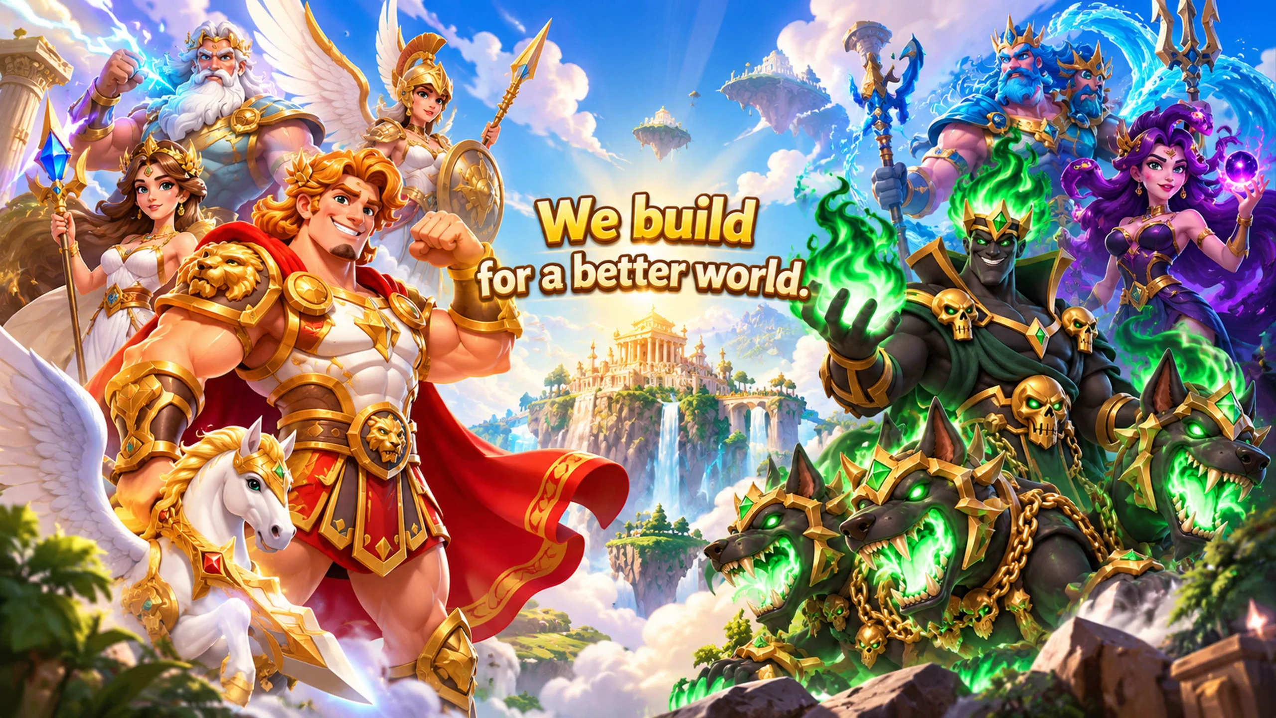 HercGames heroes of Olympus — Hercules, Zeus, Athena and Poseidon facing Hades and Cerberus above a floating temple, with the words We build for a better world
