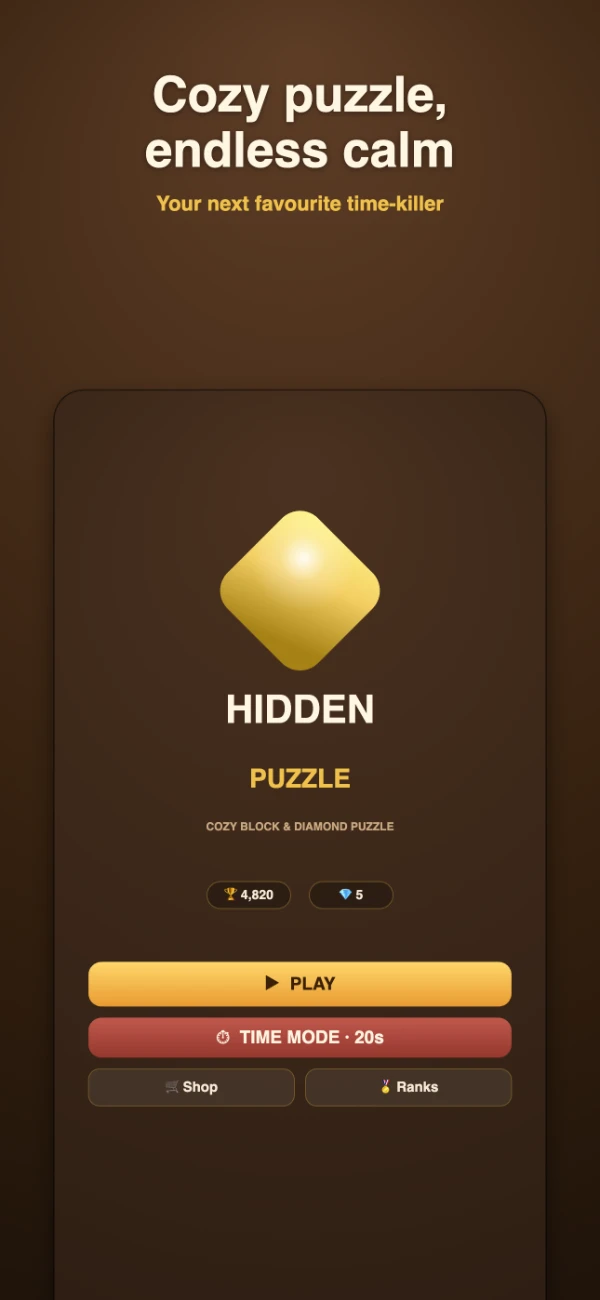 Hidden Puzzle home screen — play, Time Mode, shop and ranks