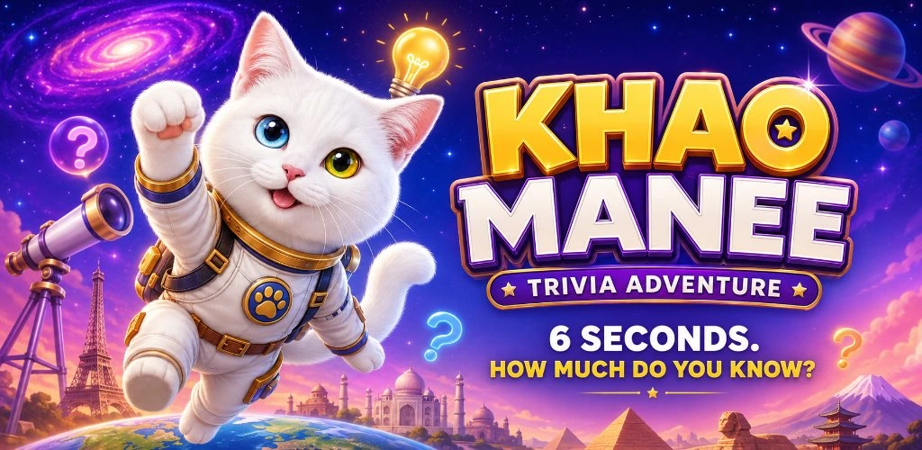 Khao Manee Trivia Adventure — an astronaut cat flying over world landmarks