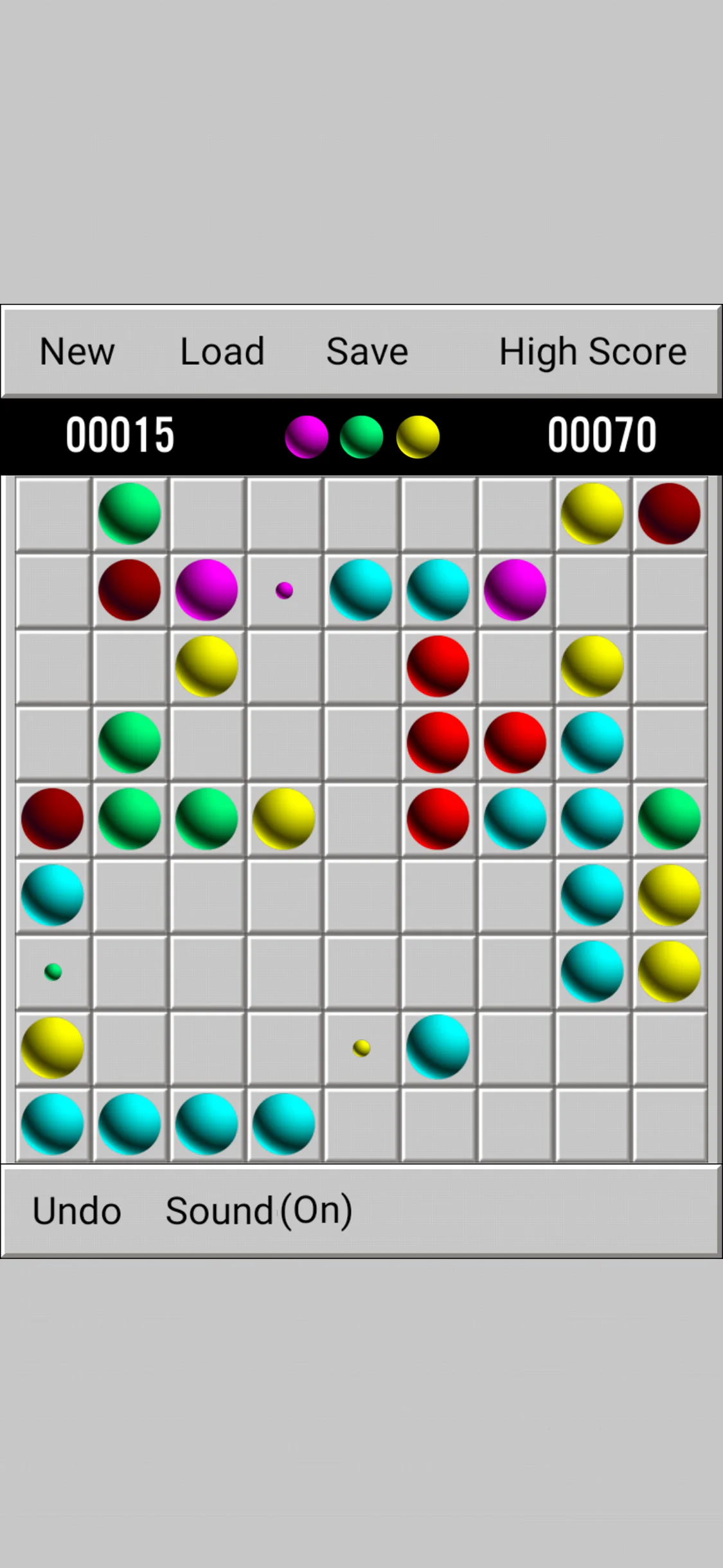 Lines98 Original gameplay — colored balls on the 9x9 board with the next-ball preview and score