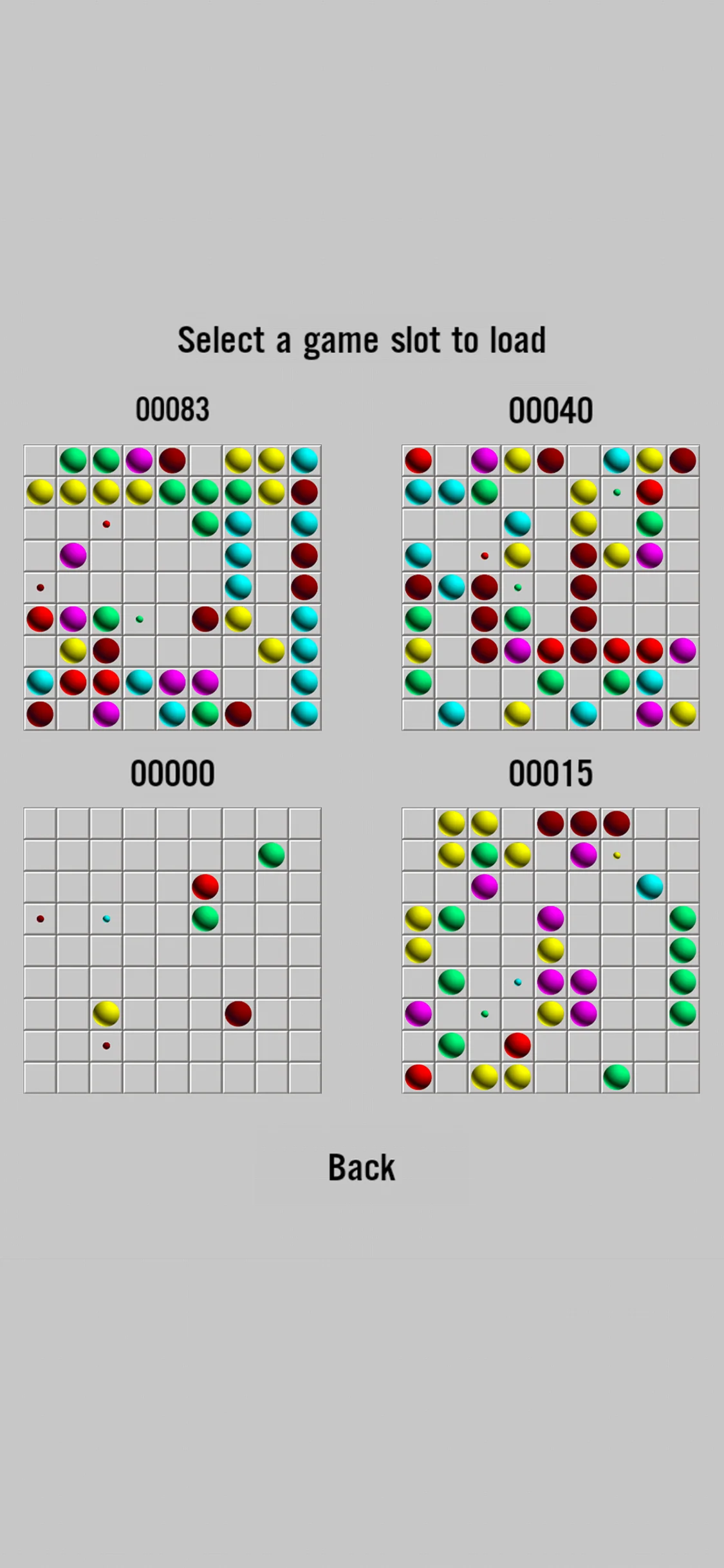 Lines98 Original save slots — select a saved game to load and continue