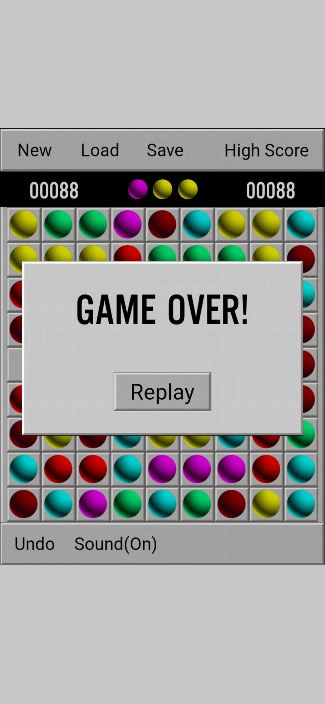 Lines98 Original Game Over screen with the Replay button and final score