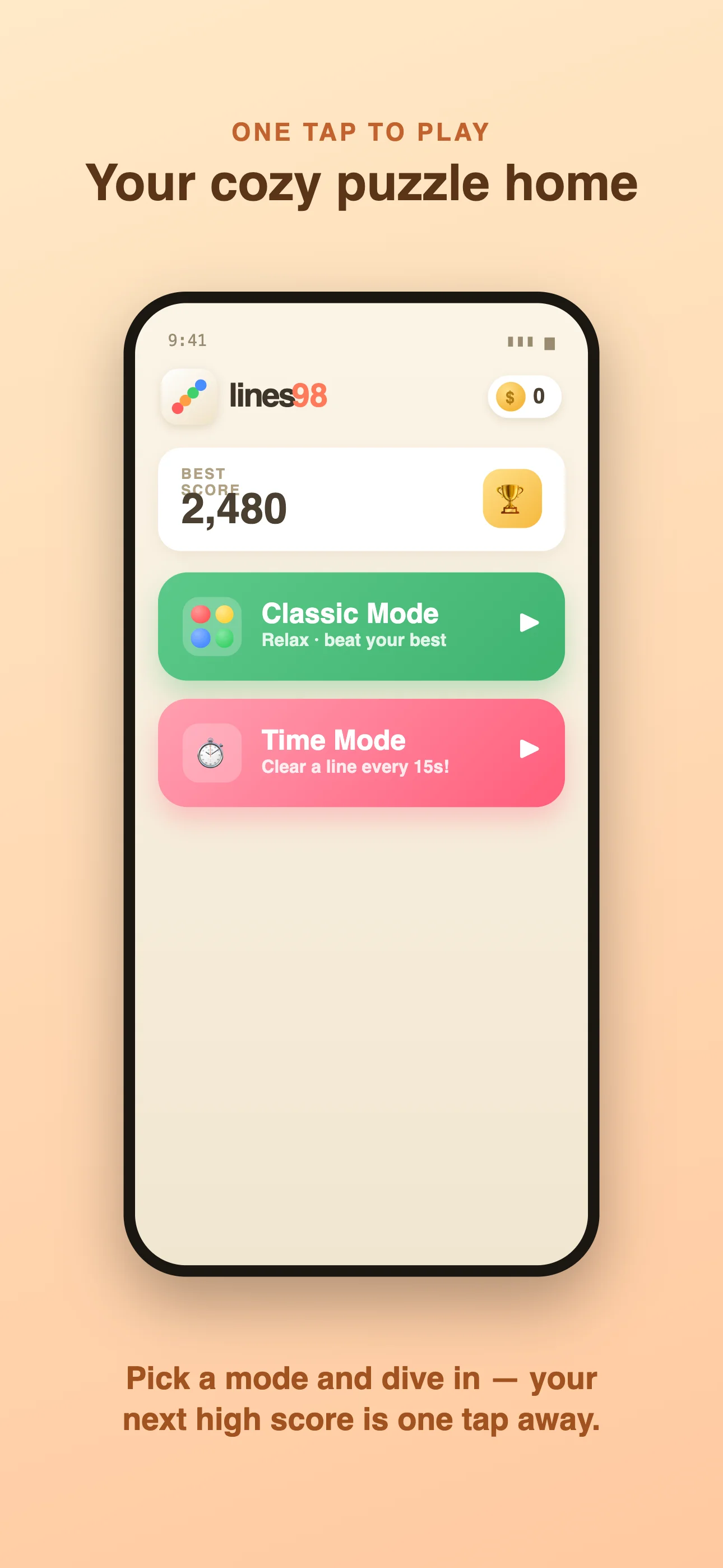 Lines98 Modern home screen — best score, Classic mode and Time mode, your cozy puzzle home