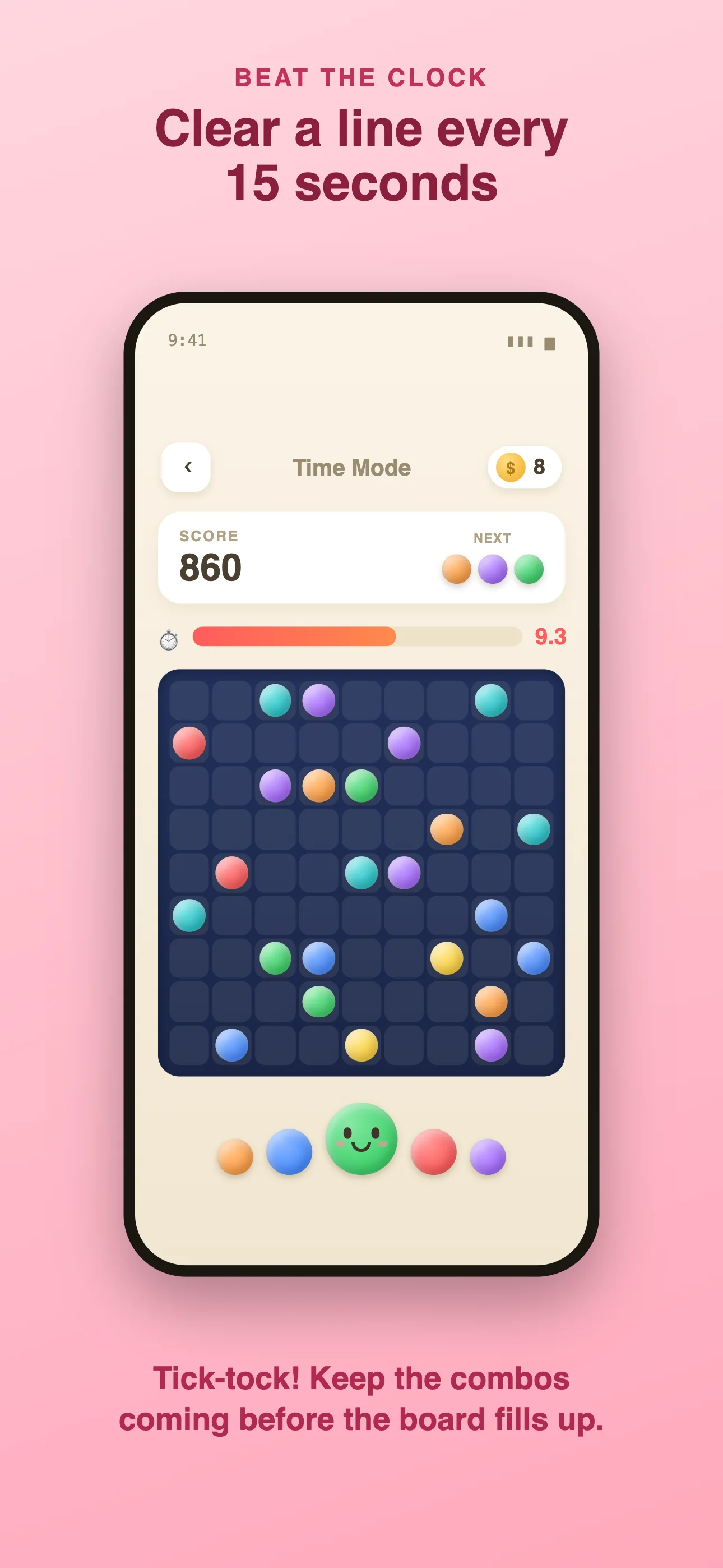 Lines98 Modern Time mode — clear a line every 15 seconds before the board fills up