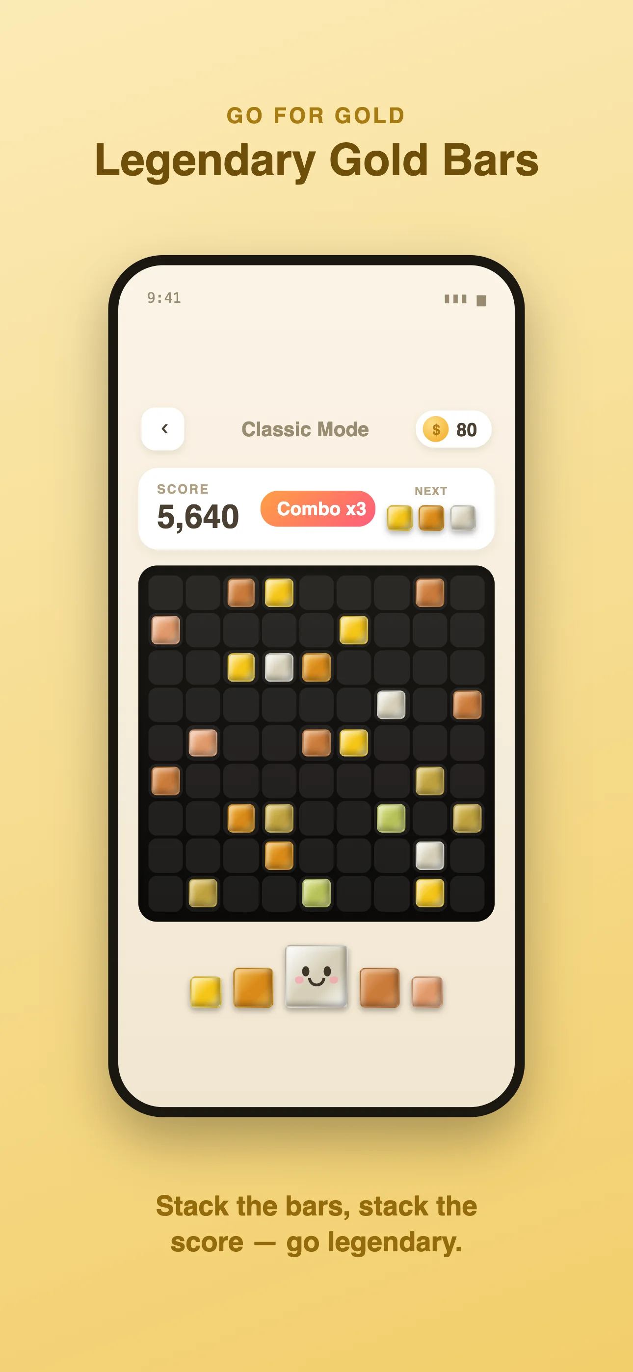 Lines98 Modern Legendary Gold Bars theme — stack the bars, stack the score