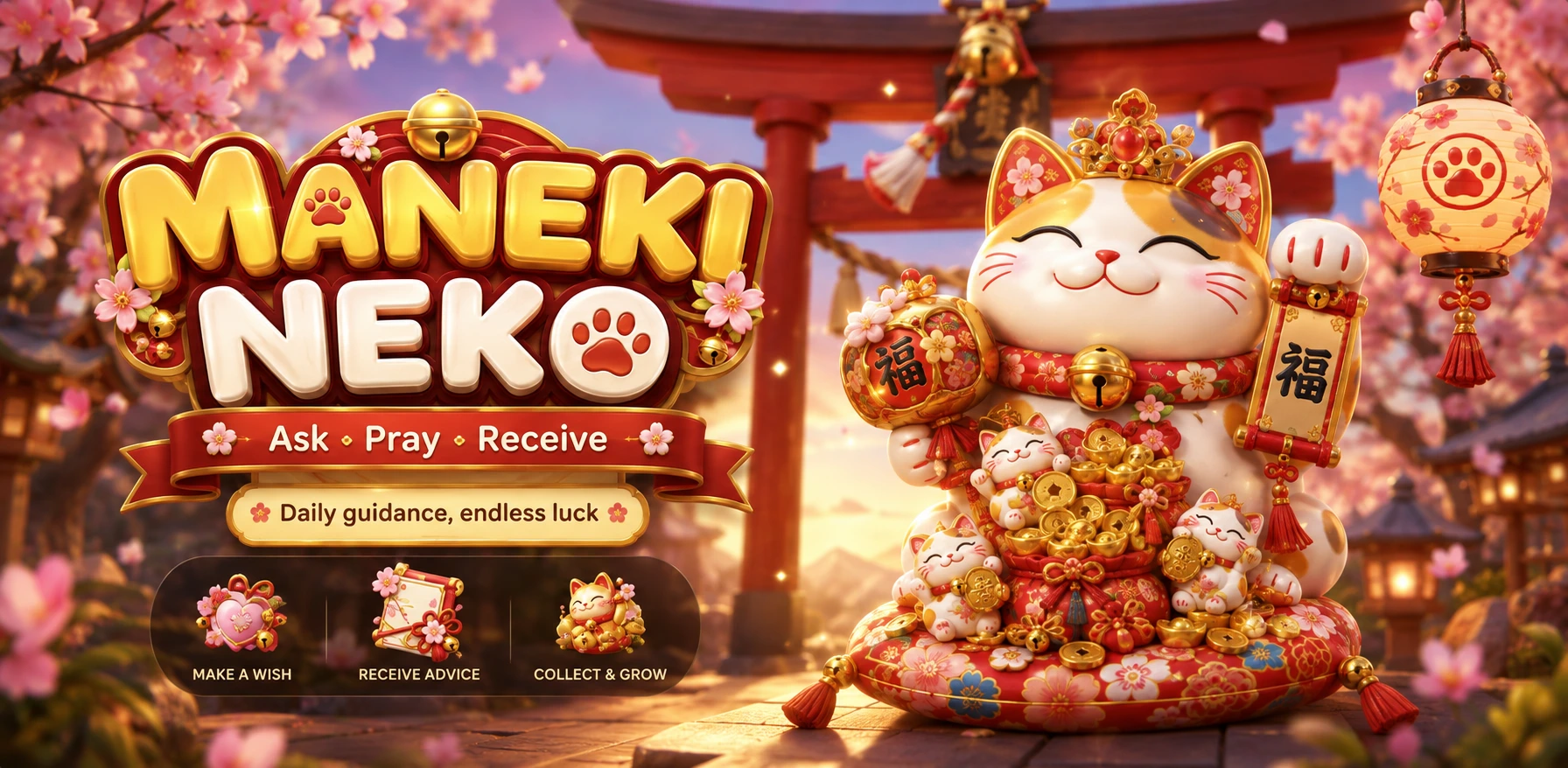 Maneki Neko shrine — a lucky cat under a torii gate surrounded by cherry blossom