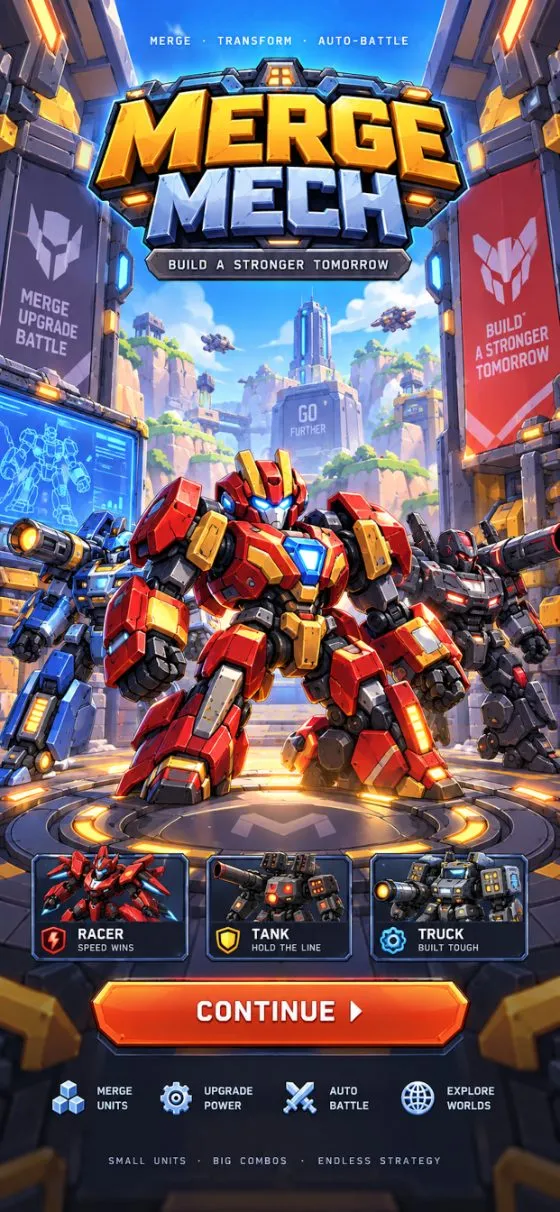 Merge Mech title screen — the squad standing on the launch pad