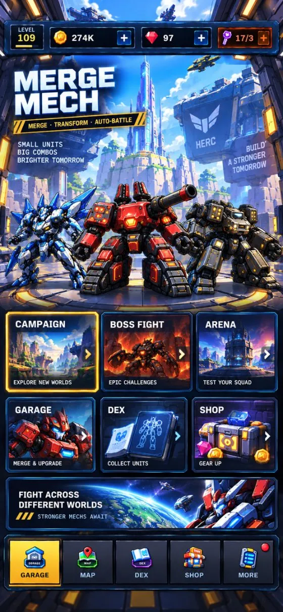 Merge Mech main menu — Campaign, Boss Fight, Arena, Garage, Dex and Shop