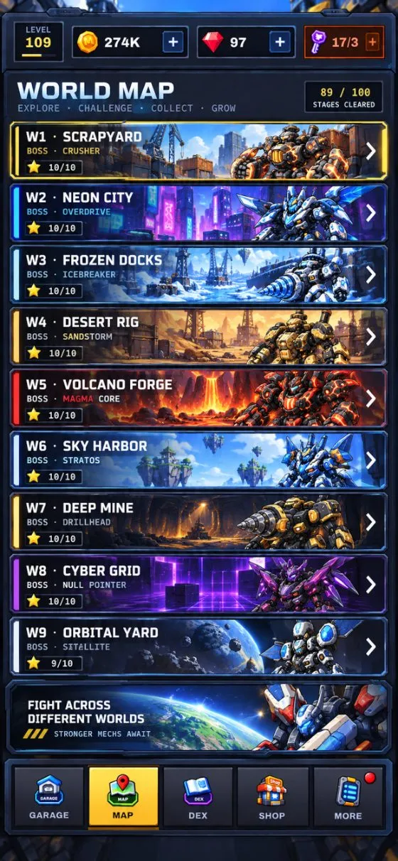 Merge Mech world map — ten worlds from Scrapyard to Orbital Yard