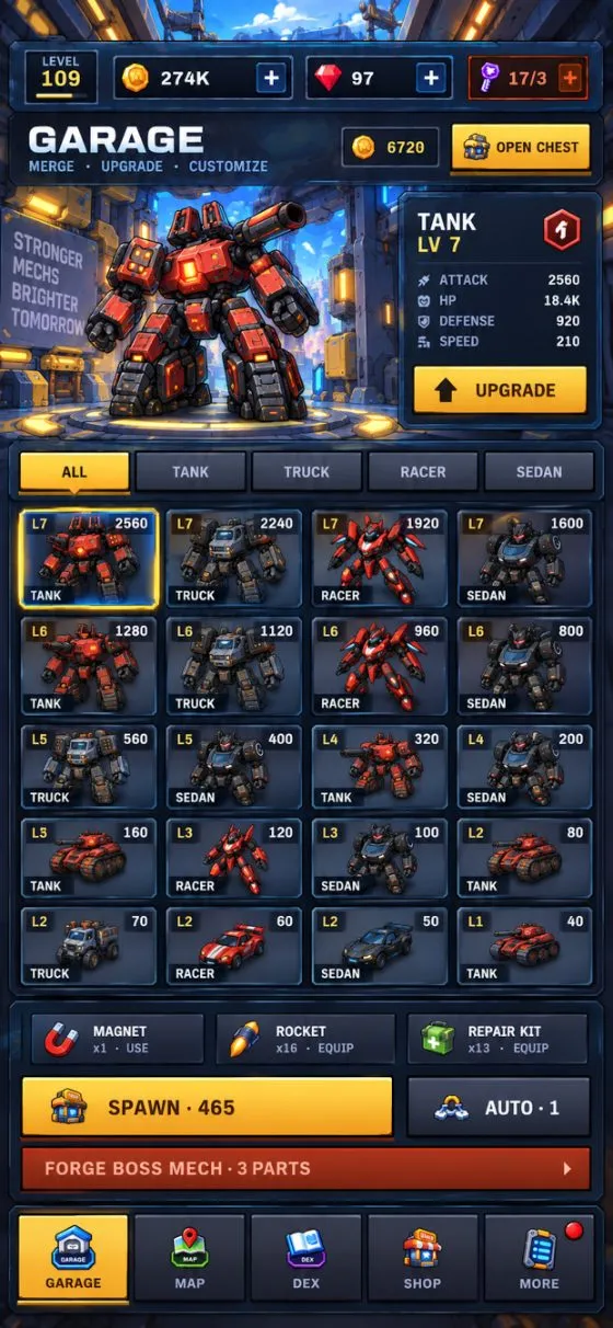 Merge Mech garage — the full unit grid from L1 cars up to L7 Titans