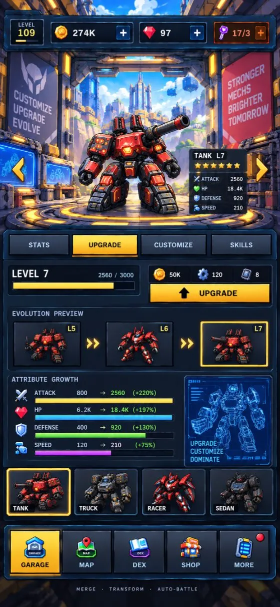 Merge Mech upgrade screen — evolution preview and attribute growth