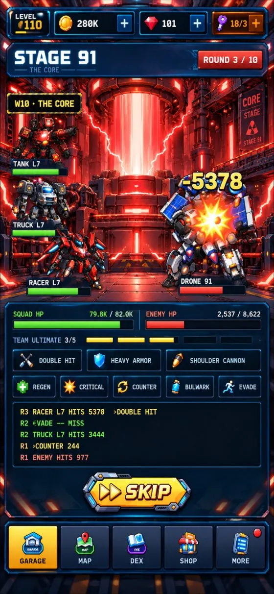 Merge Mech battle at The Core — squad HP, team ultimate and combat log