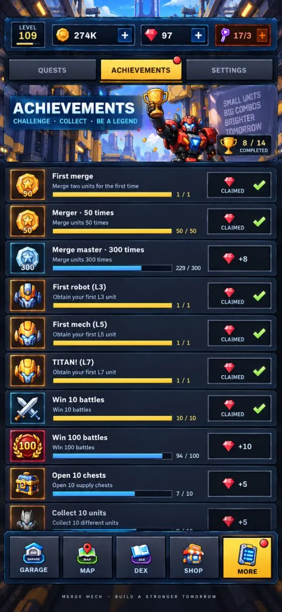 Merge Mech achievements screen