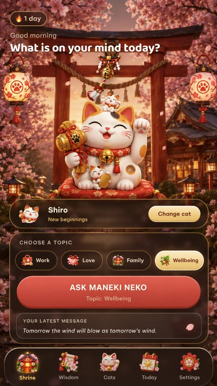 Maneki Neko shrine screen — choose a topic and ask your lucky cat