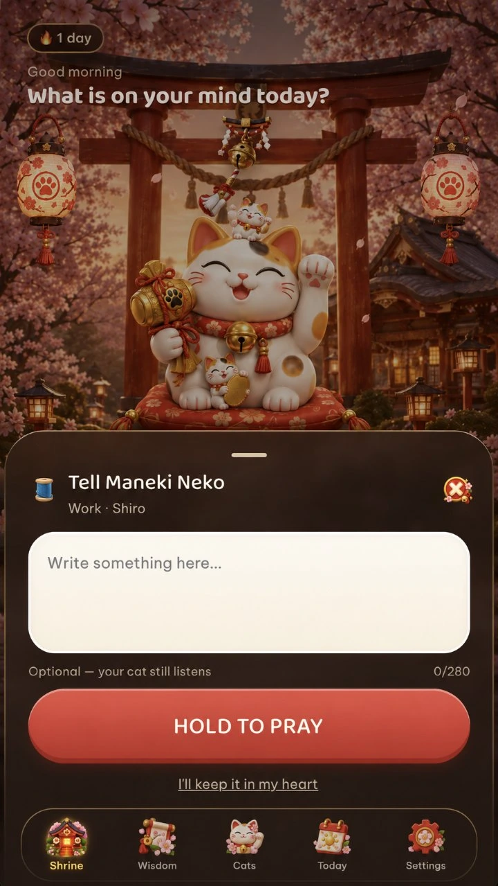 Maneki Neko — write an optional note and hold to pray