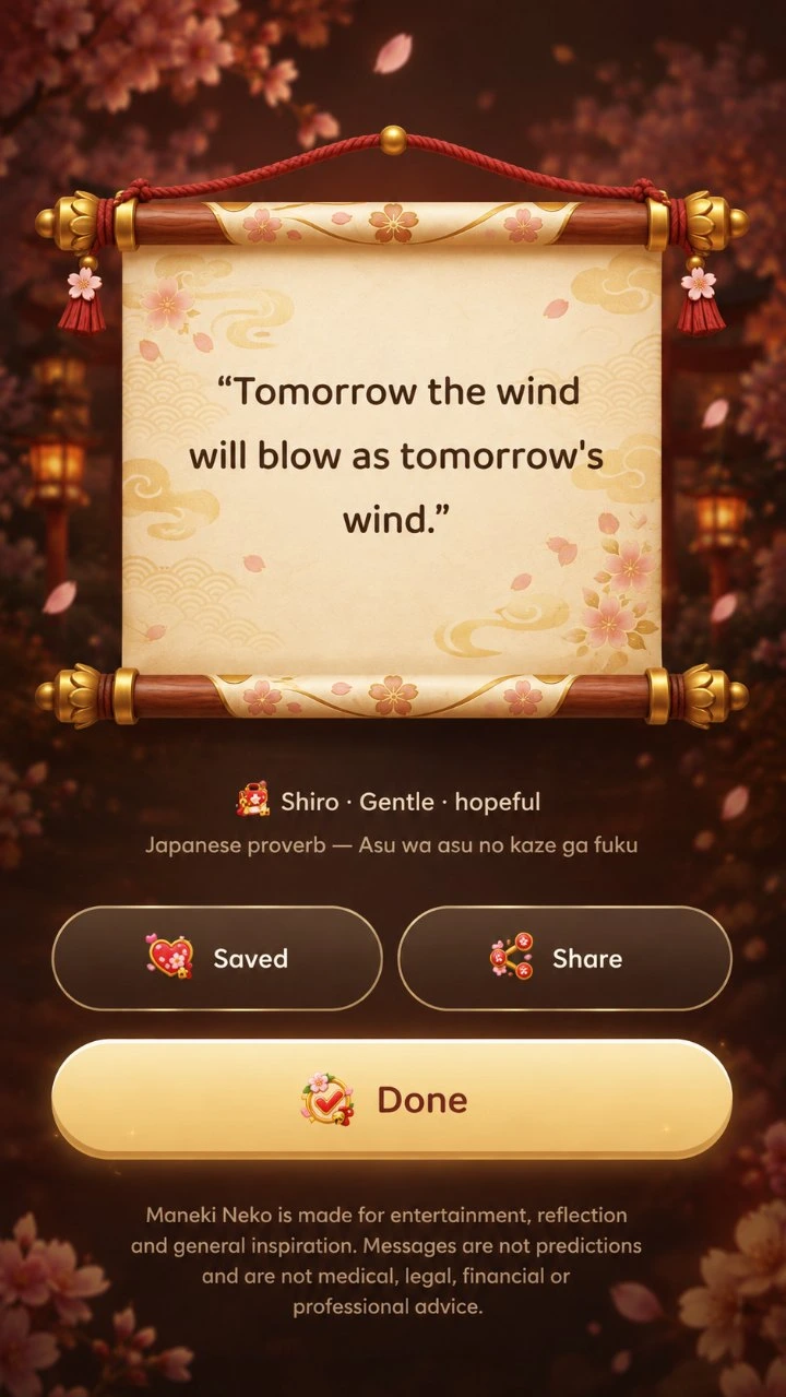 Maneki Neko — today's message on a cherry-blossom scroll