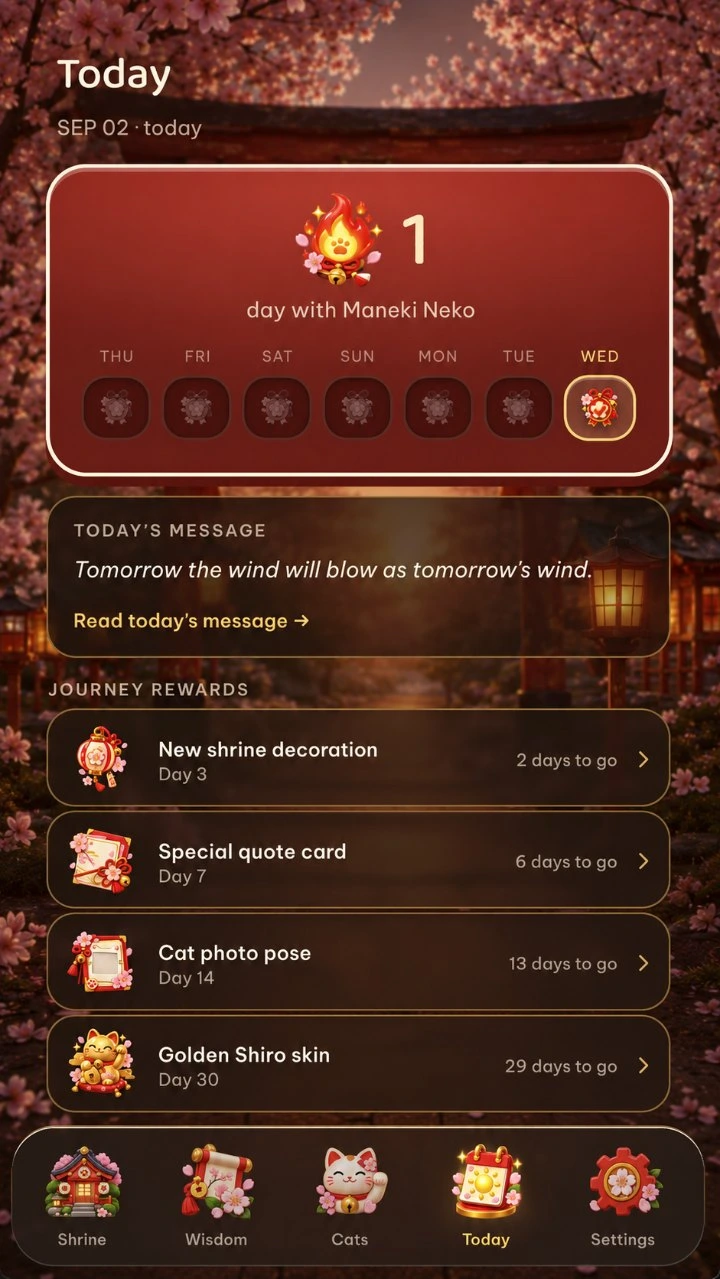 Maneki Neko Today screen — streak calendar and journey rewards