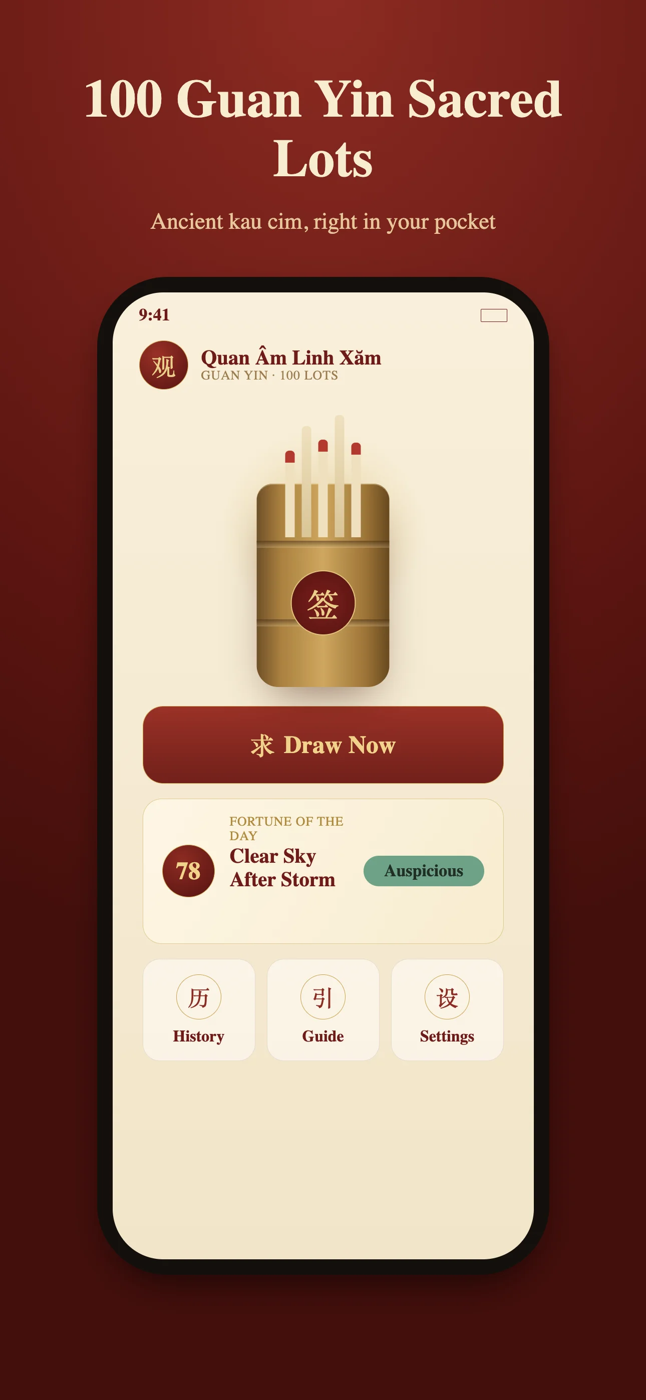 Guan Yin 100 Slots home screen — the bamboo lot tube, Draw Now button and Fortune of the Day