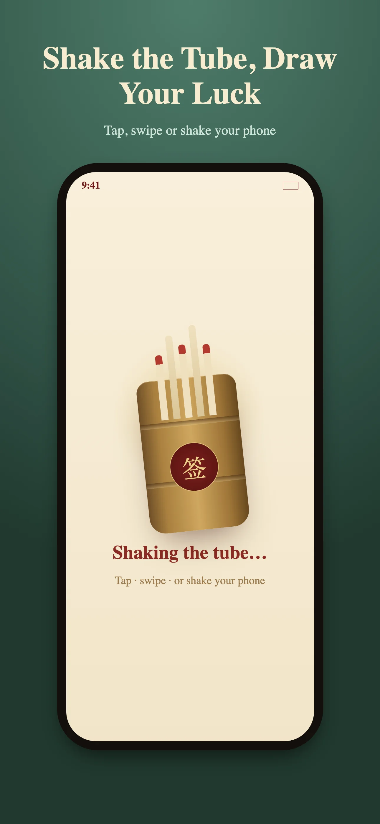 Guan Yin 100 Slots drawing screen — shaking the tube, tap, swipe or shake your phone