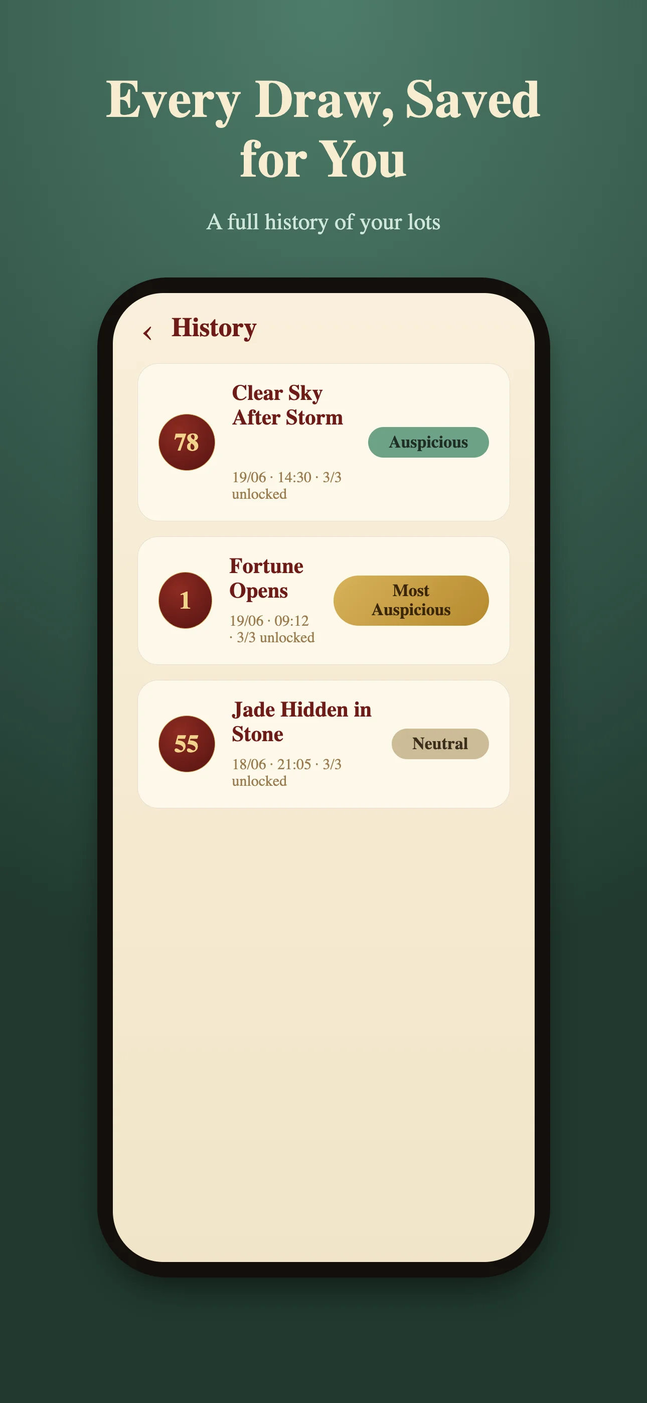 Guan Yin 100 Slots history — a full saved list of every lot you have drawn