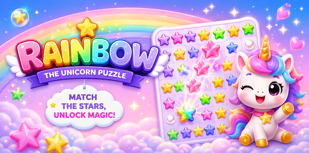 Rainbow Unicorn Puzzle featured graphic — match the stars and unlock magic with the Rainbow unicorn
