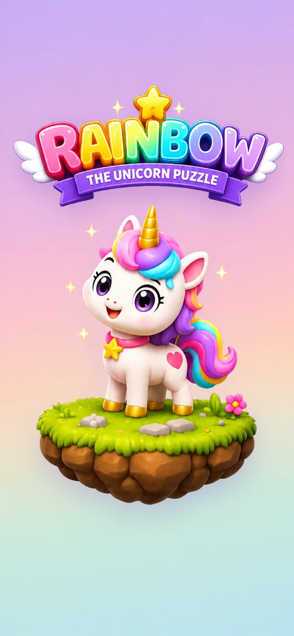 Rainbow Unicorn Puzzle title screen — the Rainbow unicorn on a floating island under a pastel sky