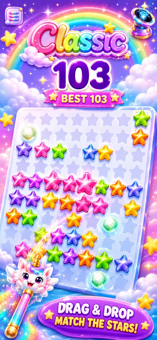 Rainbow Unicorn Puzzle Classic mode — drag and drop to match the colorful stars on the board