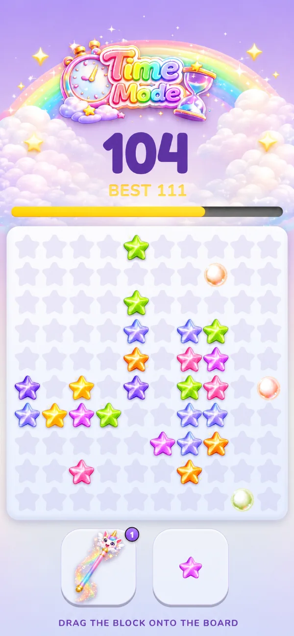 Rainbow Unicorn Puzzle Time Mode — race the clock and drop blocks onto the star board