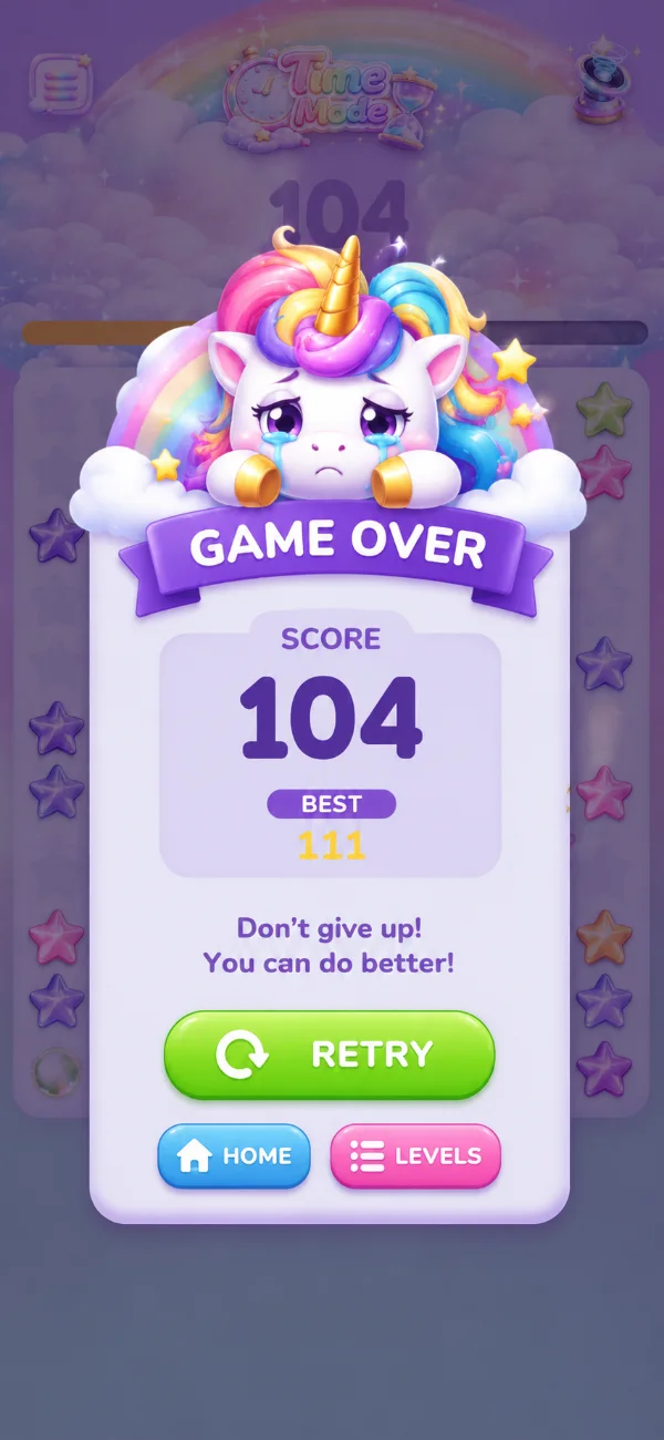 Rainbow Unicorn Puzzle game over screen — your score, your best, and retry, home and levels