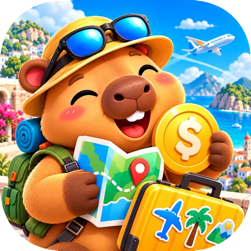 Travel Money Split app icon — Capy the capybara in a sun hat and sunglasses, holding a map and a gold coin