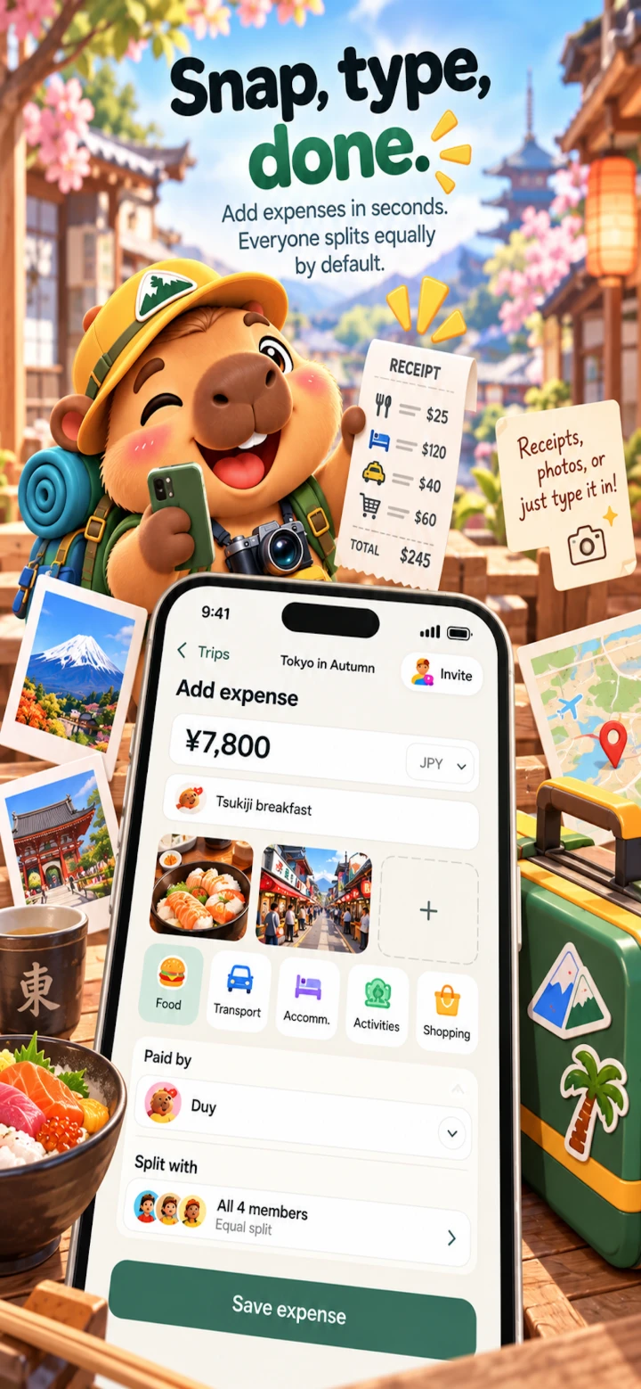 Travel Money Split — Snap, type, done: add an expense in seconds