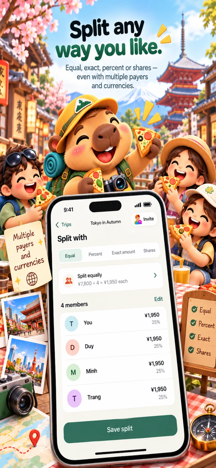Travel Money Split — Split any way you like: equal, percent, exact amount or shares