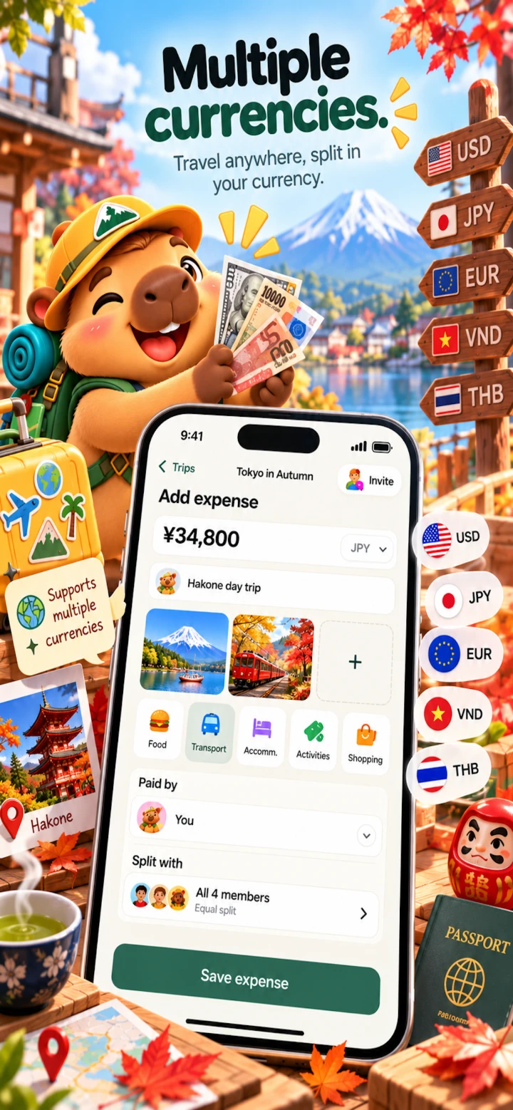 Travel Money Split — Multiple currencies: record expenses in JPY, USD, EUR, VND or THB